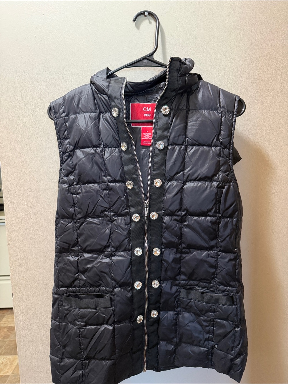 CM Black Quilted Puffer Vest with Crystal Buttons